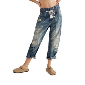 We The Free High-Rise Distressed Patchwork Denim Joggers in Blue